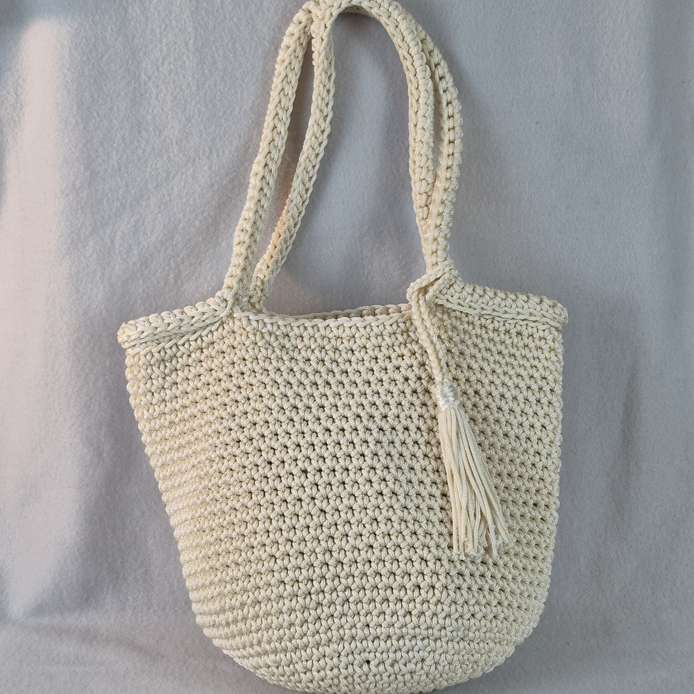 Handmade Scandinavian Crochet Tote Bag Beige MacWhite  Macrame Tote Bag